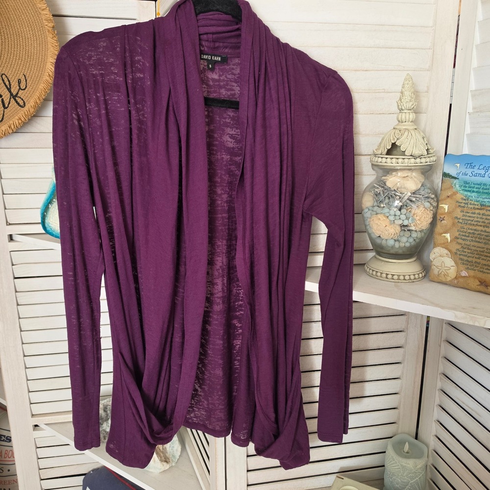 David Kahn Plum Purple Burnout Knit Open Front Cardigan Size Small Drape Shawl